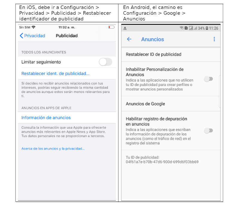 Configuración del identificador de publicidad en iOS y en Android